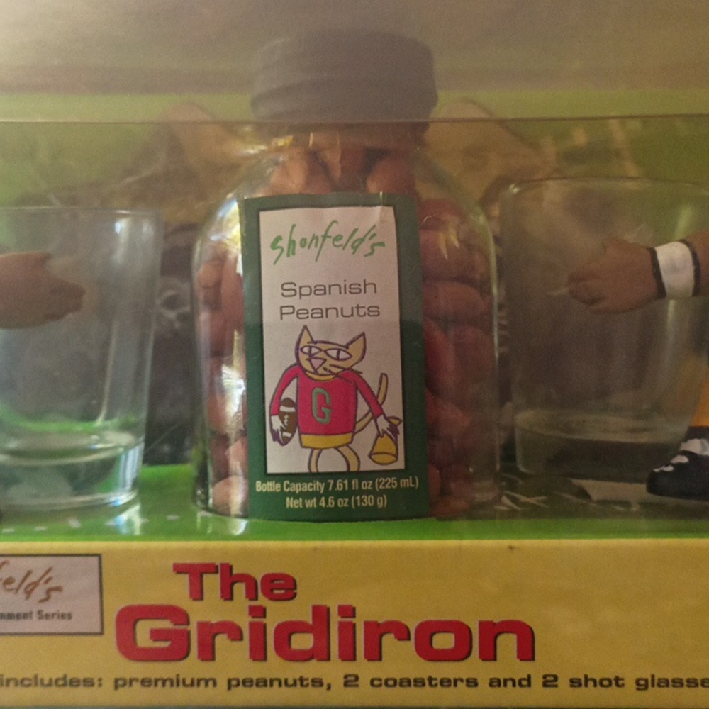 Shonfeld's Gridiron Shot Glass Set with Peanuts, and Coasters. Football, 2004.